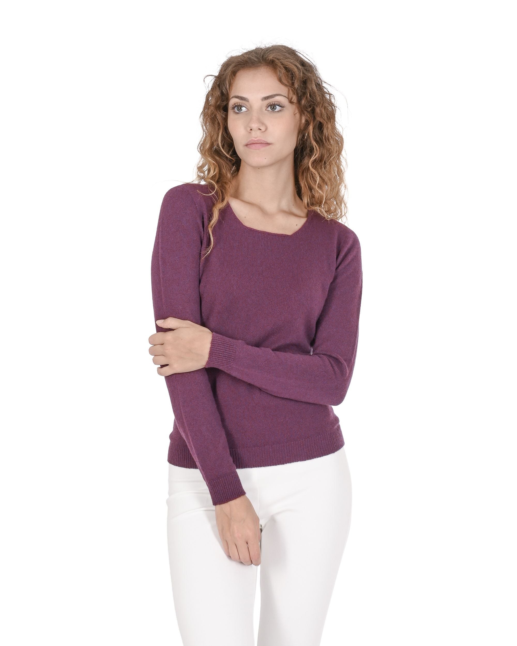 Crown of Edinburgh Cashmere Womens Square Neck Sweater COE 0024 BURGUNDY