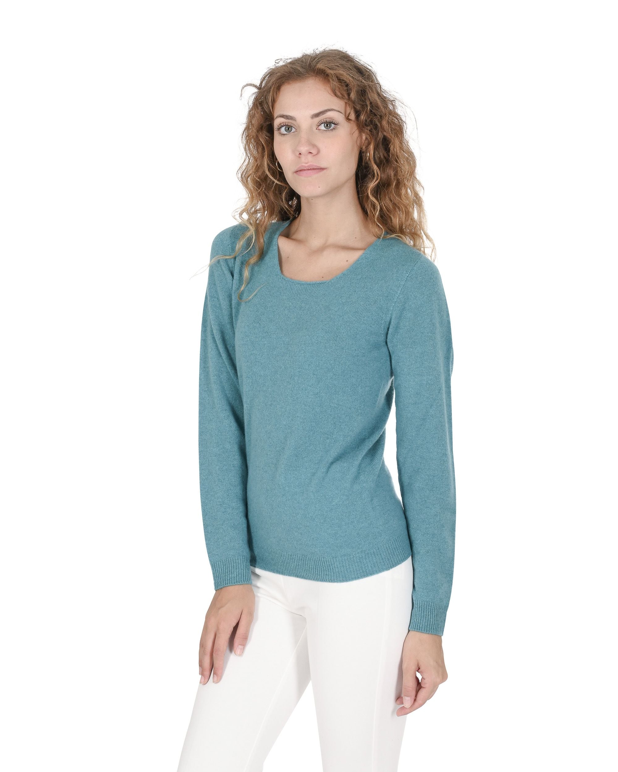 Crown of Edinburgh Cashmere Womens Square Neck Sweater COE 0024 TURQUOISE