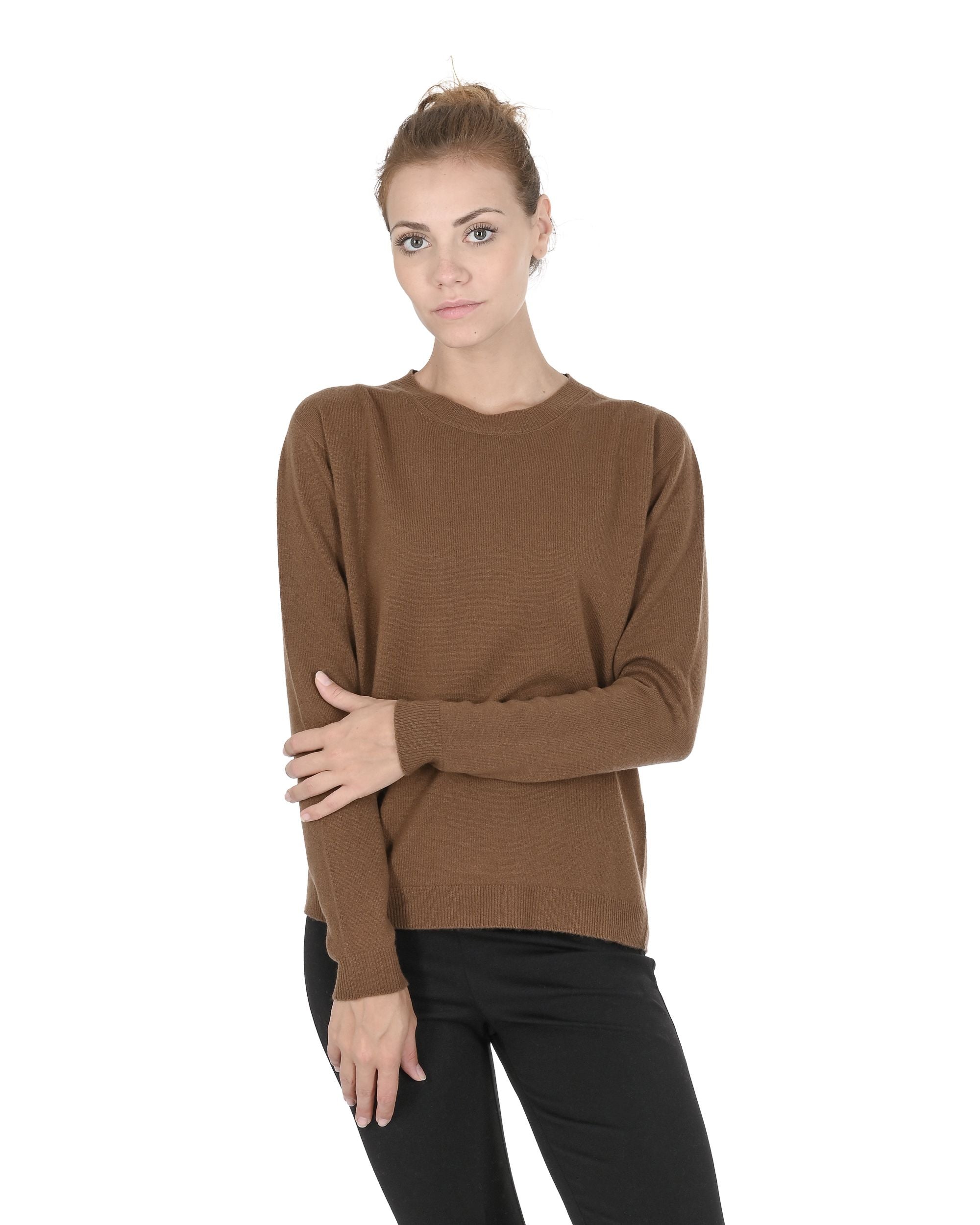 Crown of Edinburgh Cashmere Womens Round Neck Sweater COE 0014 LIGHT BROWN